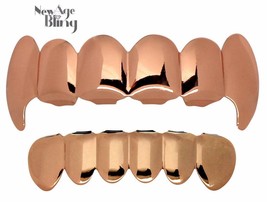 Custom Fit Fangs 14k Rose Gold Plated Teeth Grillz Caps Top &amp; Bottom Set Grill - £7.47 GBP