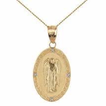 Solid 14k Yellow Gold Archangel Saint Gabriel Diamonds Engrable Pendant Necklace - £201.09 GBP+