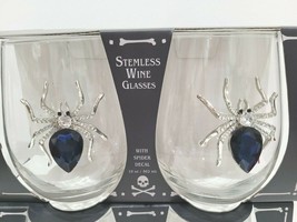 2pc Halloween Blue Jewel Gem Rhinestone Spider Stemless Wine Glasses Home Decor - £35.49 GBP