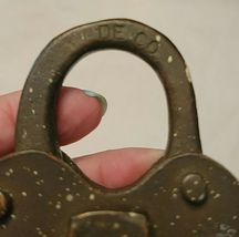 ANTIQUE BRASS HEART SHAPED LOCK DE CO. ENGRAVED image 4