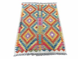 Colorful Chobi Kilim 3x4 Small Turkish Kilim Rug Diamond Pattern Multicolor Wool - £190.32 GBP