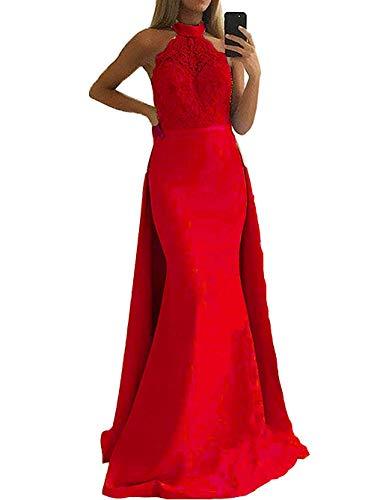 Beaded Lace Mermaid Long Evening Gown Prom Dress with Detachable Train Red US 6