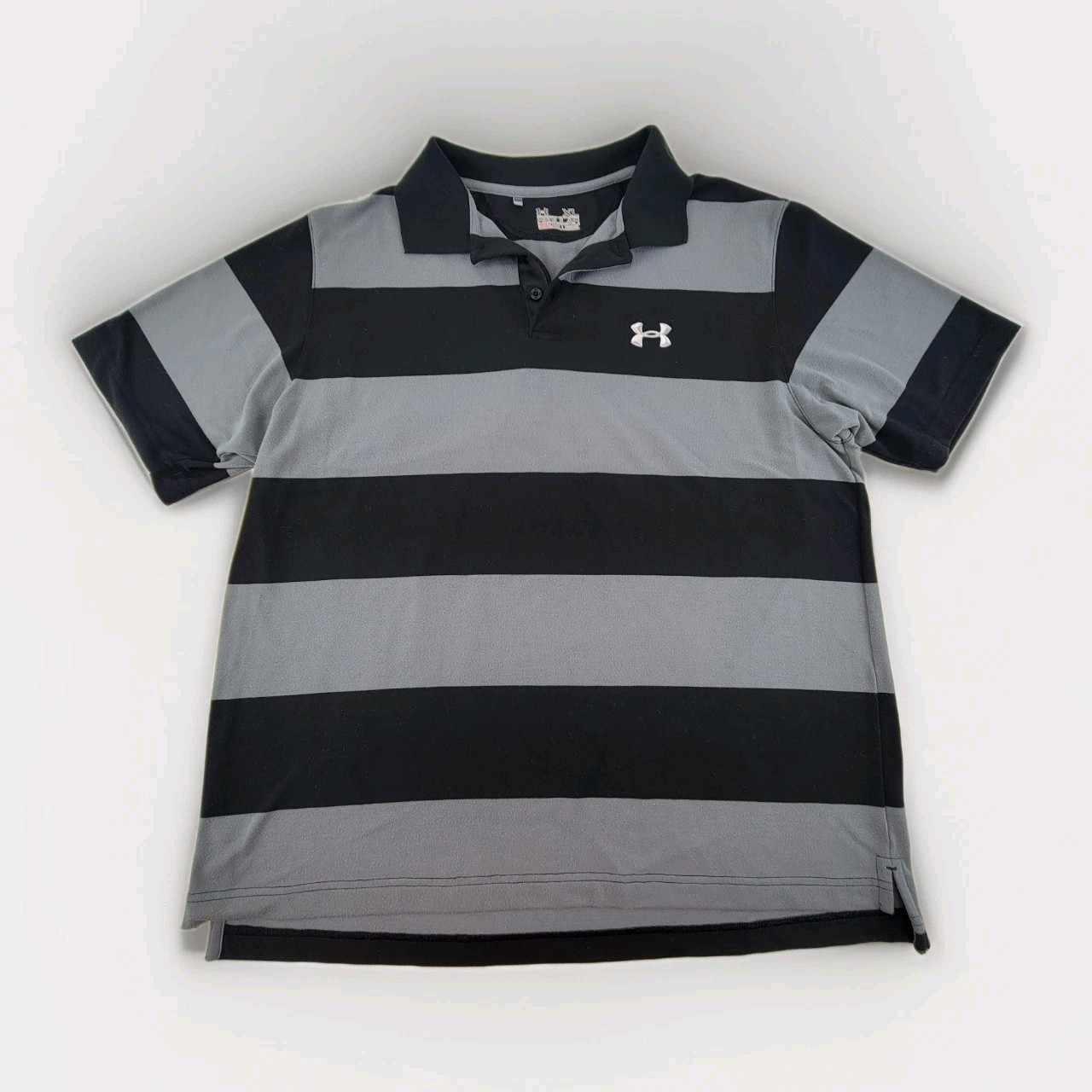 Under Armour HeatGear Polo Shirt XL Gray Black Striped Short Sleeve Golf - $17.72