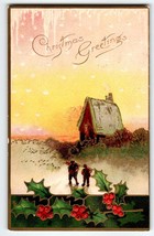 Christmas Postcard Rustic Cottage People Walking In Snow Icicles Holly Leaves - £8.20 GBP