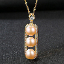 Peapod Natural Pearl/ Diamond Bar Drop Pendant Necklace Women Gift 18K Yellow GP - £75.17 GBP