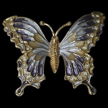Vtg Gold Tone Purple Lavender Butterfly Brooch Pin Clear Round Rhinestones - £11.19 GBP