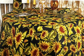 April Cornell Soleil Black Gold Sunflowers 70&quot; Rd Thanksgiving Fall Tablecloth - £38.20 GBP