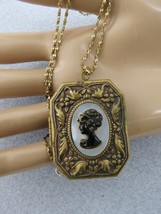 Vintage Cameo Style Locket Pendant Necklace Ornate Frame 1 7/8&quot; High Gold Tone - £47.16 GBP