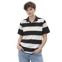 VTG 1980s Le Tigre Striped Polo Shirt Black White Tiger Logo Made USA M - $34.60