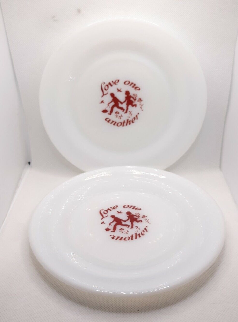 Hazel Atlas Love One Another Saucer Plates 7" Milkglass 2 pc. - $18.39