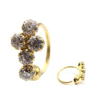 Ethnic Indian Floral White CZ Studded Nose Hoop Ring 14k Real Yellow Gold - £46.30 GBP