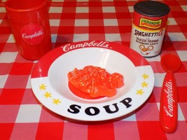 Campbell&#39;s Play Food Lot Spaghetti O&#39;s Noodle soup Bowl Spoon Cup Realistic RARE - £31.84 GBP