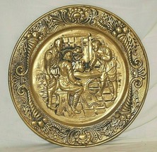Stamped Brass Charger Ornate Wall Art Plaque Platter Tavern Pub Scene England b - £39.89 GBP