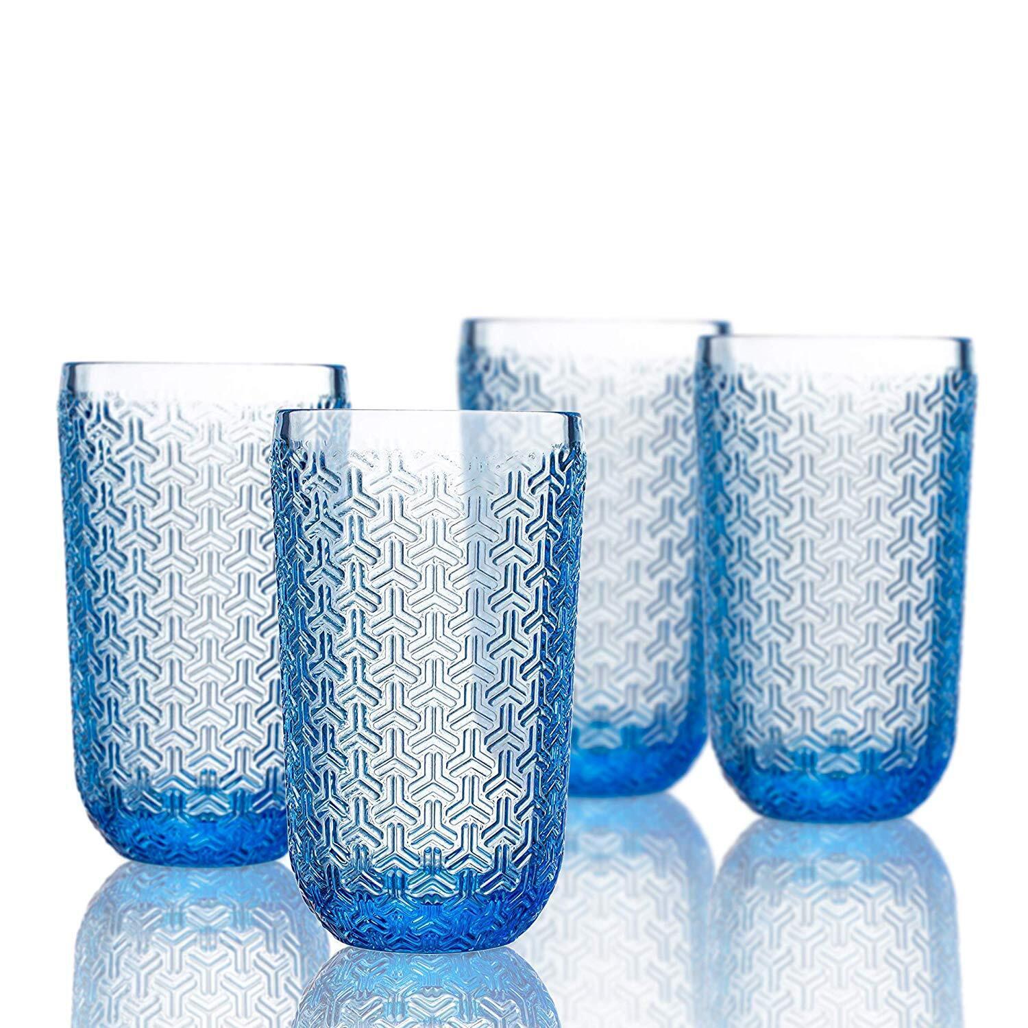 Bistro Key Highball Blue Glass Set 14 Oz 4 Piece Barware