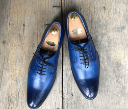 Handmade Men&#39;s Blue Brogue Leather Shoes, Men Pointed Toe Lace Up Dress Shoes - £117.76 GBP+