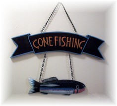 Gone Fishing" Lg. Carved Fish Wooden Wall Plaque On Chains - $12.95