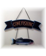 GONE FISHING&quot; Lg. Carved Fish Wooden Wall Plaque On Chains - $12.95