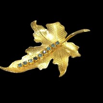 Vintage Gold Tone Leaf Brooch Pin Blue Rhinestones 3 Long by 2 Wide Textured - £32.71 GBP