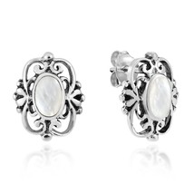 Vintage Sterling Silver Ornate Swirls Oval White Shell Inlay Stud Earrings - £12.71 GBP