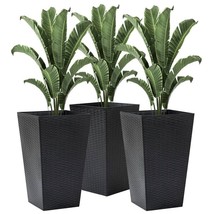 Set of 3 - Black Faux Rattan Plastic Tall Large Flower Pots - £164.19 GBP