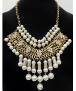 Beautiful Goldtone Bib Mesh Necklace Faux Pearl Bling Unbranded - £15.57 GBP