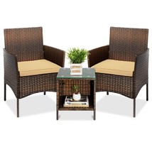 Bistro Set 3-Piece Outdoor Patio Wicker Bistro Set W/ Side Storage Table - £136.59 GBP