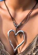 Bohemian Retro Oversized Silver Heart &amp;-Silver Bead Shaped Pendant Necklace - £10.35 GBP