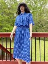 VINTAGE DARIAN POLKA DOT BLUE WHITE SUMMER FLARED DRESS SHORT SLEEVES Sz... - $11.88