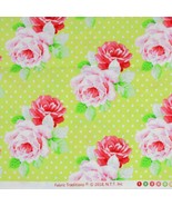 1 yd Fabric Traditions 36x44 Bright Green Pink Roses White Polka Dot - $9.88
