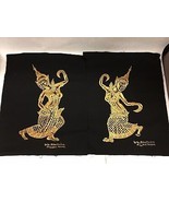 2 signed Thai Temple Dancers Gold On Cotton Fabric Art Painting Bangkok - £35.20 GBP