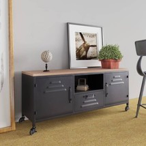 Industrial Style Wooden Black Iron TV Stand Unit Cabinet With Wheels &amp; Storage - £201.31 GBP