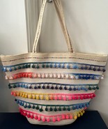 Paper Source Colorful Pom Pom Large Canvas Tote, Colorful Stripes, Zip C... - $23.17