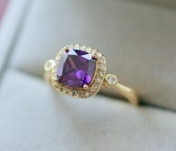 2.50Ct Cushion Cut Lab-Created Amethyst Halo Gift Ring 14k Yellow Gold Plated - £110.78 GBP