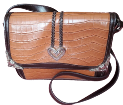 Croc Crossbody Shoulder Handbag Purse Elegant Tan &amp; Brown Heart Detailed... - $22.11