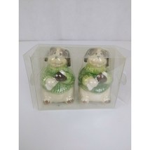 GKAO Salt and Pepper Shakers Brown &amp; White Dog with Green Sweaters Holding Bone - £5.33 GBP