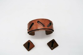 Vintage modernist brutalist copper tone cuff bracelet &amp; clip on earring set - £11.96 GBP
