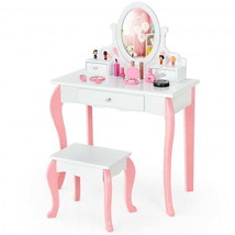Princess Makeup Dressing Table Kids Vanity Stool Set with Mirror and Drawer-Whit - £107.46 GBP