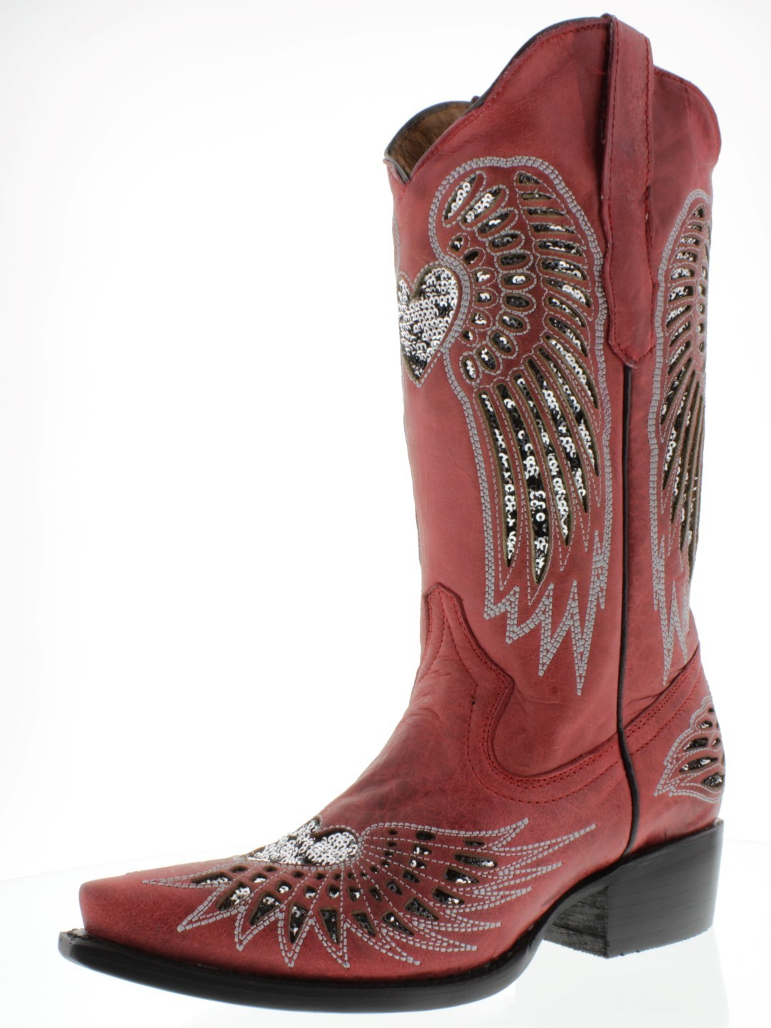 Womens Western Boots Cowboy Red Leather Silver Sequins Heart Wings Size 4.5 - $76.82