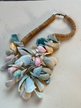 Estate Chunky Tan Wood Disks &amp; Aqua Blue Pink &amp; Orange Seashell Shards F... - $14.89