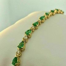 14Ct Pear Cut Emerald &amp; Diamond Women&#39;s Tennis Bracelet 14K Yellow Gold Over - £127.20 GBP