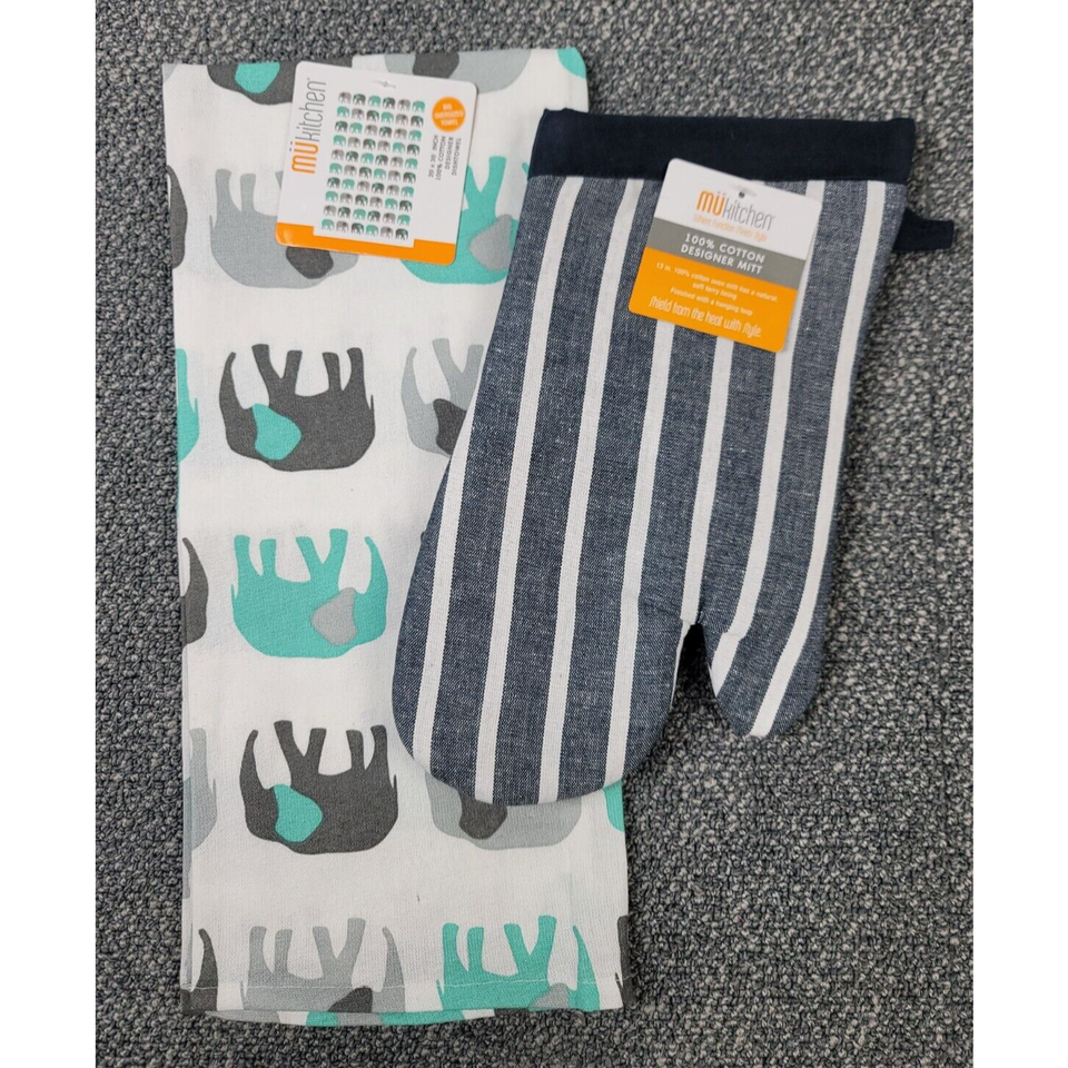 MU Kitchen Oven Mitt Potholder Elephant 100% Cotton Terry Lined 2pc Set ... - $18.97