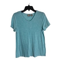 Chicos Womens Shirt Adult Size 1=Medium Green Striped Short Sleeve V Neck - £17.65 GBP