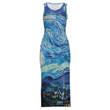 Woman Starry Night Art Sleeveless Bodycon Side Slit Long Dress (Size S t... - $24.00
