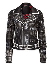 Woman Philip Plein Black Studded Patches White Lining Leather Jacket Stu... - $229.99
