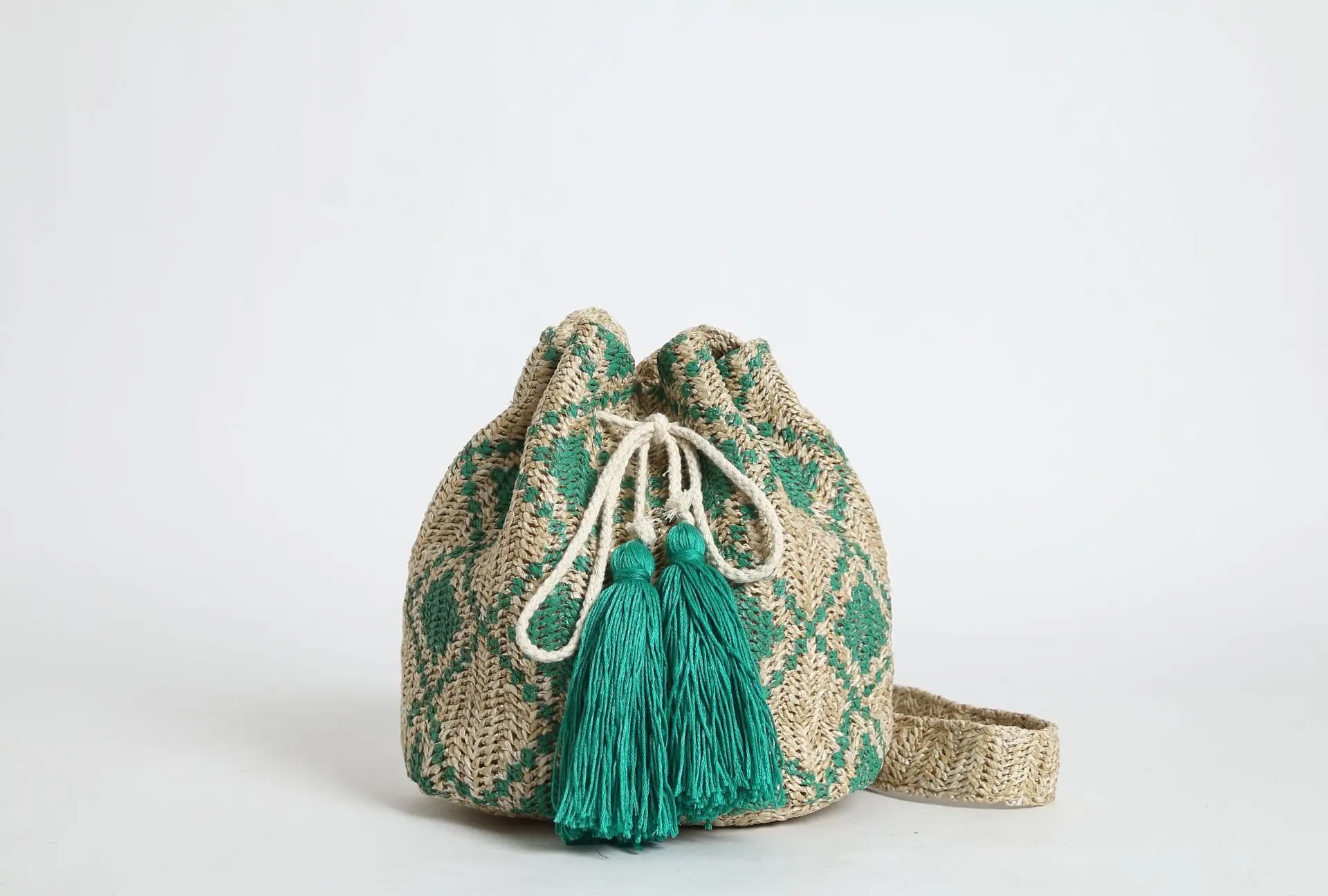 National Tassel Straw Bucket Bag Bohemian Geometry Women Shoulder Bags Handmade  - £36.13 GBP