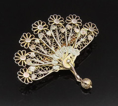 925 Silver - Vintage Antique Floral Filigree Folding Fan Brooch Pin - BP9698 - £35.06 GBP