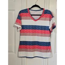 Womens Striped V Neck T Shirt Red Blue White Casual Top Size S - $11.88