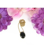 BLACK Patterned GLASS OVAL PENDANT Vintage NECKLACE Goldtone Chain 16&quot; - $26.88 CAD