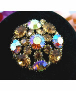 WEISS  Aurora Borealis Brown RHINESTONES Dome BROOCH Vintage Round Pin A... - £38.02 GBP