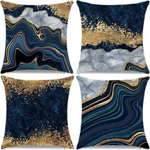 Navy Blue And Gold Marble Throw Pillow Covers 18 X 18 Inch Home Decorative - £31.63 GBP